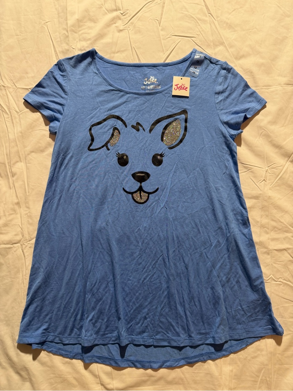 Justice Girls T-Shirt Swing Fit Blue Dog Graphic Tee Size 12 NWT